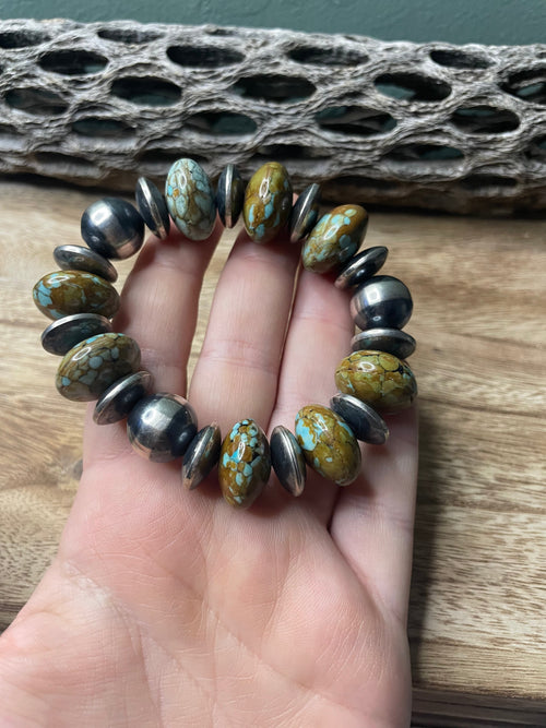 Handcrafted Sterling Silver Stretchy Natural #8 Turquoise Medium Beaded Bracelet 14 mm pearl