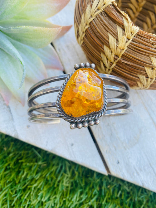 Handcrafted Vintage Topaz & Sterling Silver Cuff Bracelet Signed