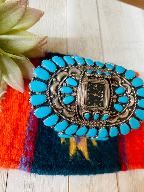 Old Pawn Vintage Navajo Turquoise & Sterling Silver Cluster Watch Cuff /