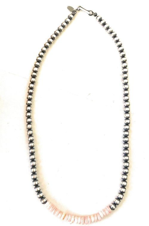 Handcrafted Sterling Silver Pearl & Queen Pink Conch Beaded Necklace 5mm