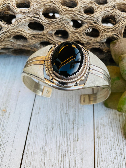 Handcrafted Vintage Onyx & Sterling Silver Cuff Bracelet Signed /