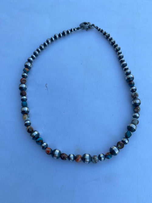 Handcrafted Turquoise & Spiny Spice Sterling Silver Beaded Necklace 16 inch