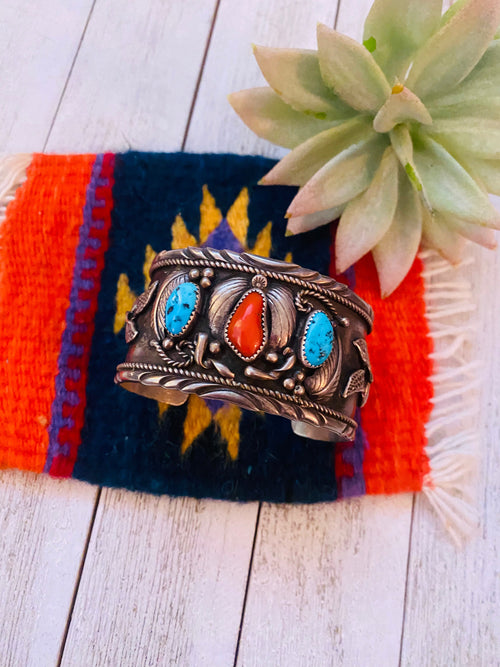 Old Pawn Vintage Turquoise, Coral & Sterling Silver Cuff Bracelet /