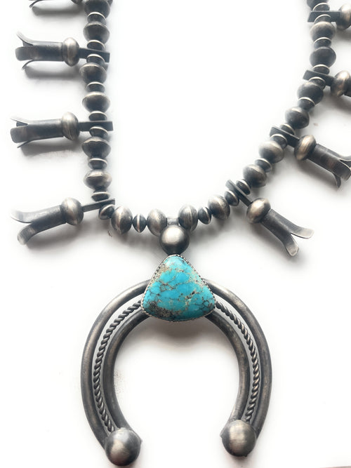 Vintage Navajo Kingman Turquoise & Sterling Silver Beaded Squash Blossom Necklace Signed