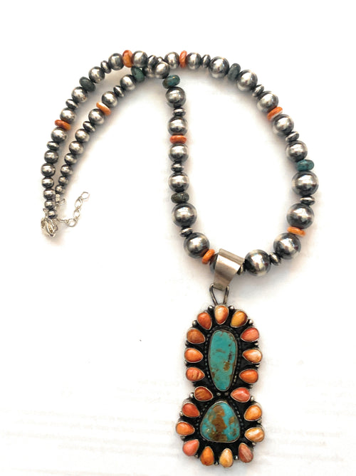 Navajo Sterling Silver, Turquoise & Spiny Oyster Beaded Necklace by Sheila Becenti