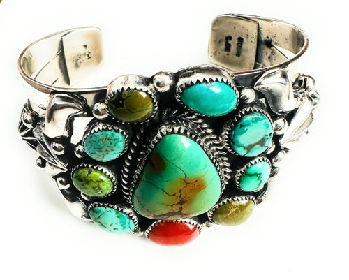 Navajo Old Pawn Turquoise, Coral & Sterling Silver Cuff Bracelet /