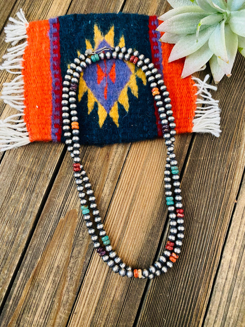 Handcrafted Multi Stone & Sterling Silver Pearl Beaded 36” Necklace