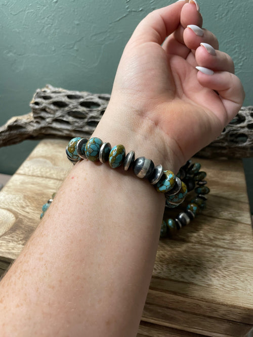 Handcrafted Sterling Silver Stretchy Natural #8 Turquoise Beaded Bracelet 12 mm pearl