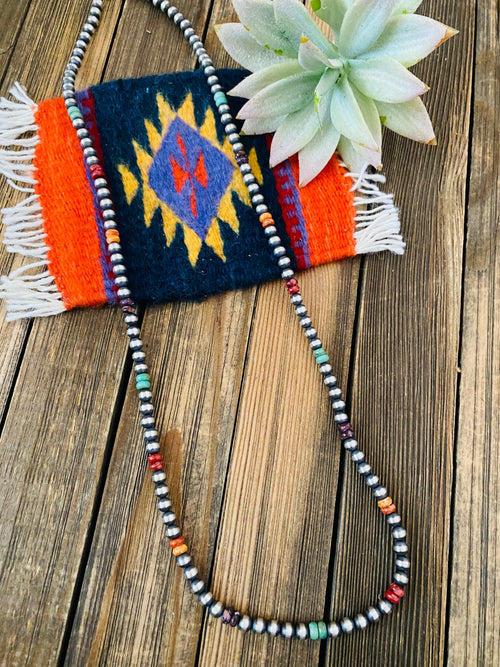 Handcrafted Multi Stone & Sterling Silver Pearl Beaded 30” Necklace