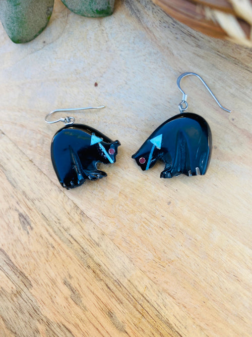 Handcrafted Vintage Jet & Turquoise Fetish Bear Earrings