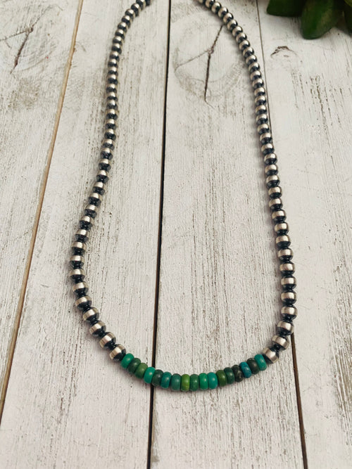 Handcrafted Turquoise & Sterling Silver Beaded Necklace 20”