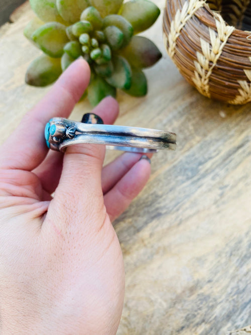 Handcrafted Vintage Turquoise & Sterling Silver Five Stone Cuff Bracelet Signed /