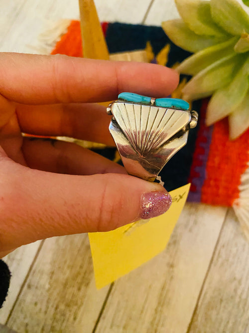 Old Pawn Vintage Handcrafted Sterling Silver & Turquoise Inlay Ring Size 10.5