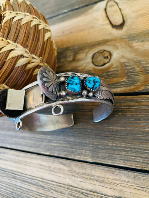 Old Pawn Vintage Navajo Turquoise & Sterling Silver Watch Cuff Signed