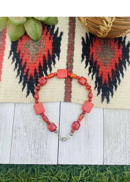 Handcrafted Apple Coral & Sterling Silver Beaded Bracelet