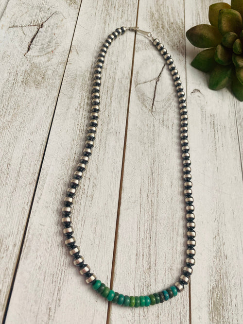 Handcrafted Turquoise & Sterling Silver Beaded Necklace 20”