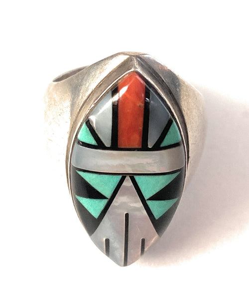 Old Pawn Vintage Handcrafted Sterling Silver & Multi Stone Inlay Ring Size 10.5