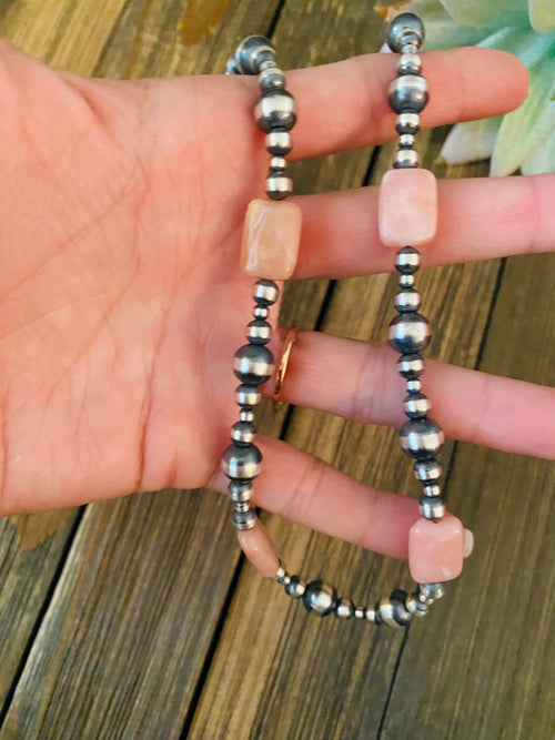 Handcrafted Sterling Silver Pearl & Pink Opal Beaded Necklace