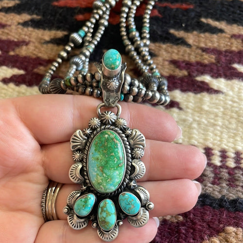 Beautiful Navajo Sterling Silver 3 Strand Beaded Turquoise Necklace With Pendant Signed Gilbert Tom