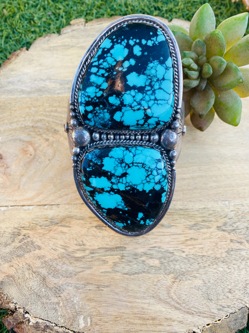 Handcrafted Incredible Vintage Turquoise & Sterling Silver Jumbo Cuff Bracelet /