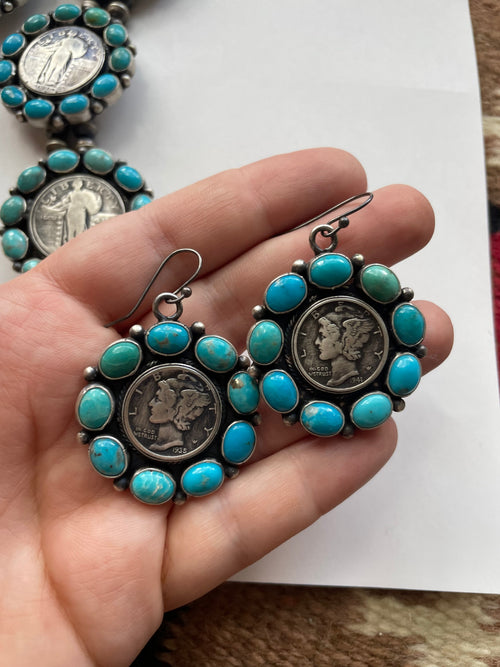 Handcrafted Turquoise & Sterling Silver Liberty Coin Necklace Earrings Set Signed Bea Tom