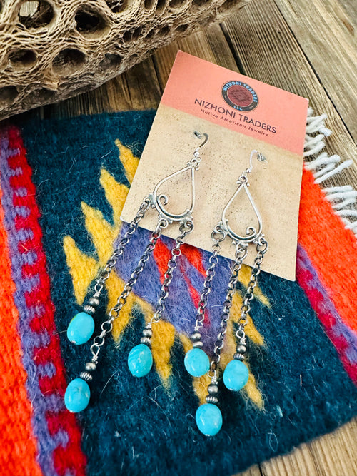 Handcrafted Sterling Silver & Turquoise Beaded Chain Dangle Earrings