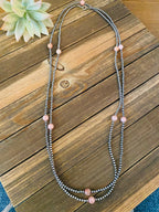 Handcrafted Sterling Silver Pearl & Pink Opal Beaded Necklace 72 inch