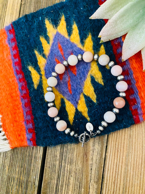 Handcrafted Queen Pink Conch Shell & Sterling Silver Beaded Bracelet