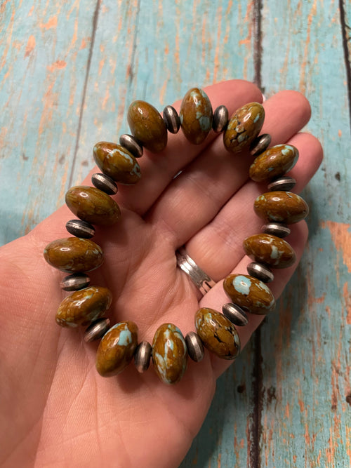 Handcrafted Sterling Silver Stretchy Natural #8 Turquoise Beaded Bracelet