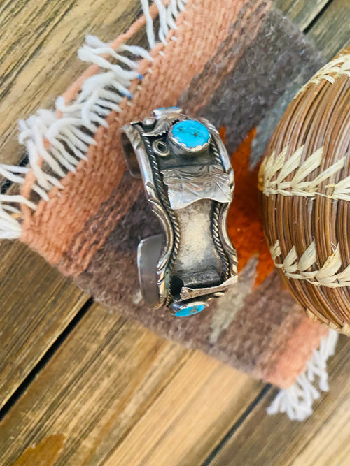 Old Pawn Vintage Navajo Kingman Turquoise & Sterling Silver Watch Cuff