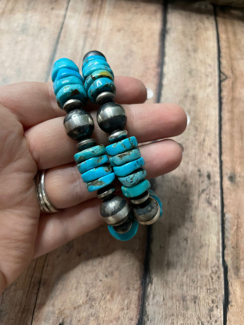 Handcrafted Sterling Silver Stretchy Natural #8 Turquoise Beaded Bracelet 10mm pearl