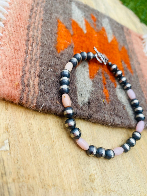 Handcrafted 6mm Sterling Silver Pearl & Pink Opal Beaded Bracelet