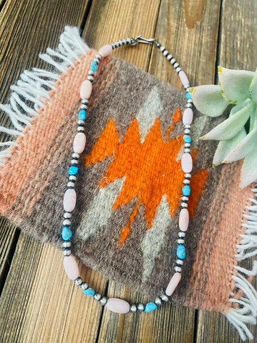 Handcrafted Sterling Silver Pearl, Turquoise & Queen Pink Conch Beaded Necklace 18”