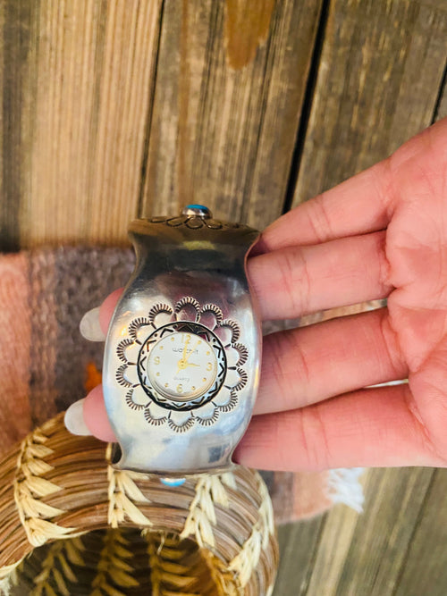 Old Pawn Vintage Navajo Turquoise & Hand Stamped Sterling Silver Watch Cuff-