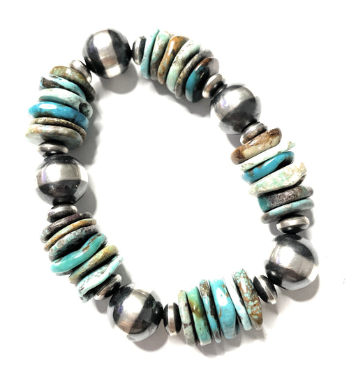 Handcrafted Sterling Silver Stretchy Natural #8 Turquoise Beaded Bracelet