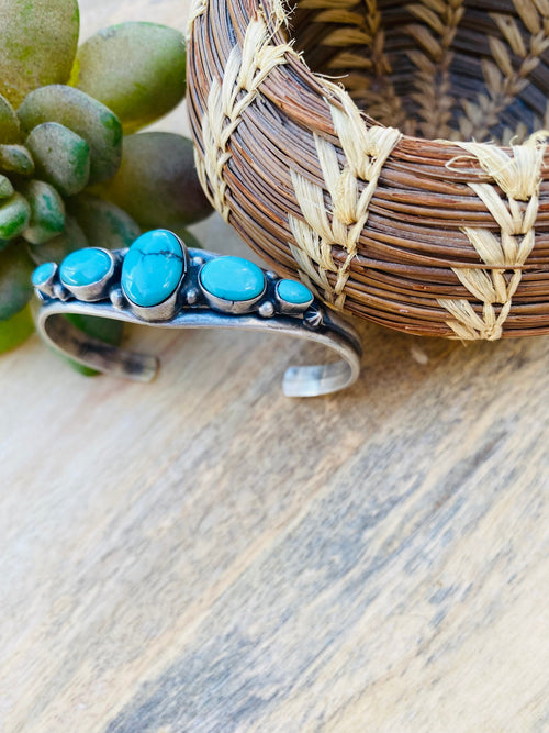 Handcrafted Vintage Turquoise & Sterling Silver Five Stone Cuff Bracelet Signed /