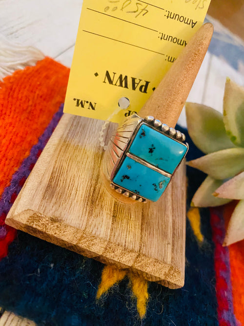 Old Pawn Vintage Handcrafted Sterling Silver & Turquoise Inlay Ring Size 10.5
