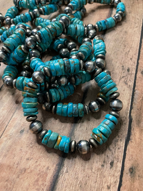 Handcrafted Sterling Silver Stretchy Natural #8 Turquoise Beaded Bracelet 12 mm pearl