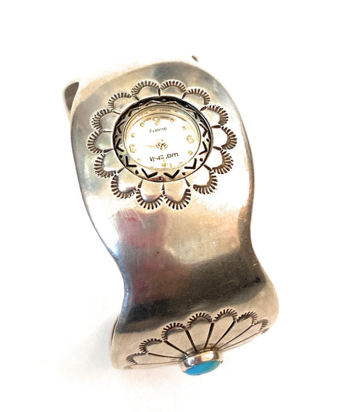 Old Pawn Vintage Navajo Turquoise & Hand Stamped Sterling Silver Watch Cuff-