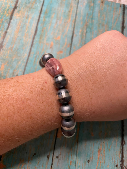 Handcrafted Sterling Silver And Rhodochrosite 12mm Beaded Bracelet