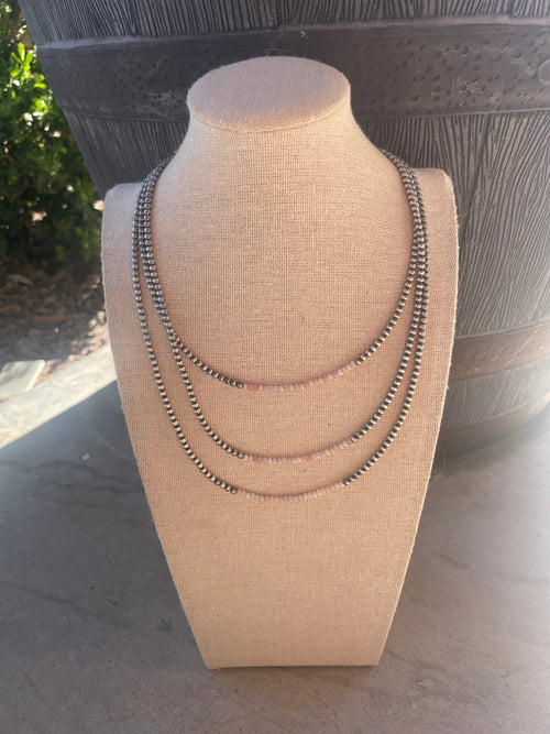 Handcrafted Sterling Silver Pearl & Queen Pink Conch Beaded Necklace 3mm