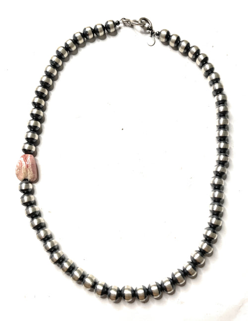 Handcrafted Sterling Silver And Rhodochrosite 8mm Beaded Necklace 18”