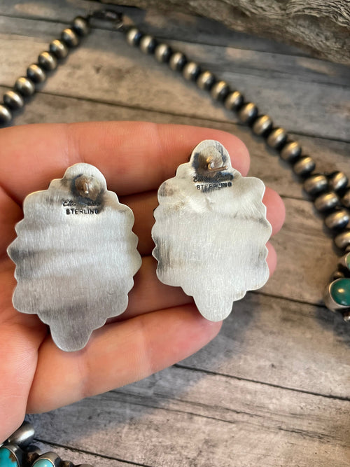 Navajo Beaded Sterling Silver & Royston Turquoise Necklace & Earring Set by Ella Peter