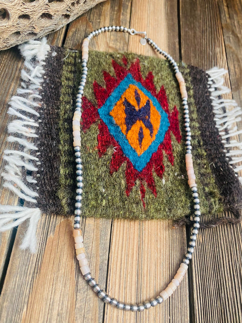 Sterling Silver Handcrafted Pearl & Pink Opal Beaded Necklace 20 inch