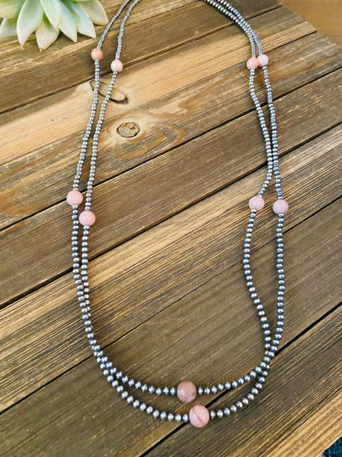 Handcrafted Sterling Silver Pearl & Pink Opal Beaded Necklace 72 inch
