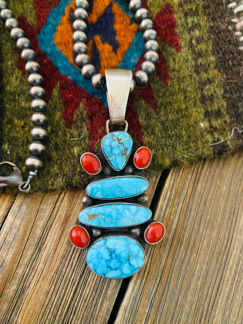 Navajo Sterling Silver, Turquoise & Coral Beaded Necklace by Bobby Johnson