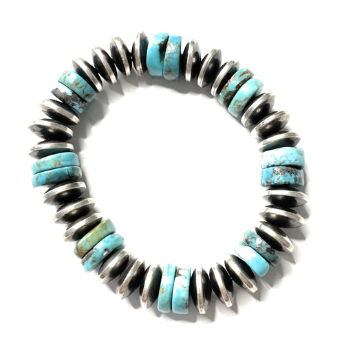 Handcrafted Sterling Silver Stretchy Natural #8 Turquoise Beaded Bracelet