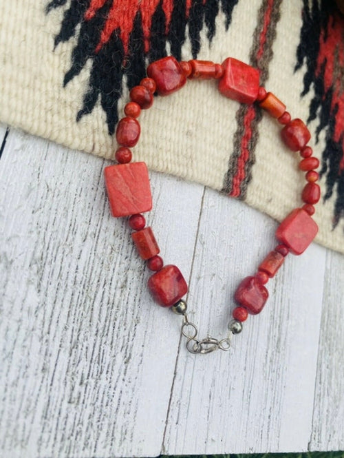 Handcrafted Apple Coral & Sterling Silver Beaded Bracelet