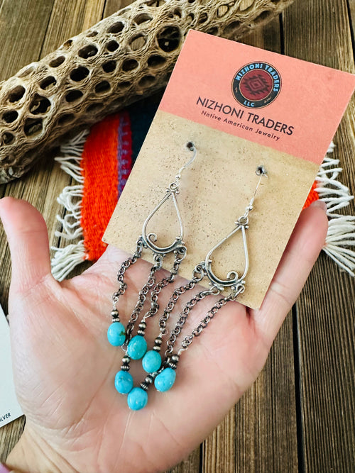 Handcrafted Sterling Silver & Turquoise Beaded Chain Dangle Earrings