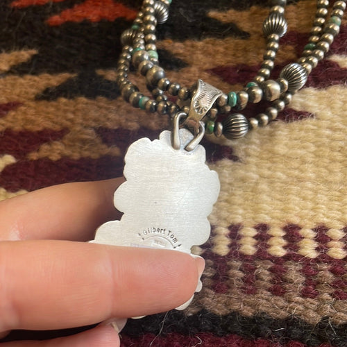 Beautiful Navajo Sterling Silver 3 Strand Beaded Turquoise Necklace With Pendant Signed Gilbert Tom